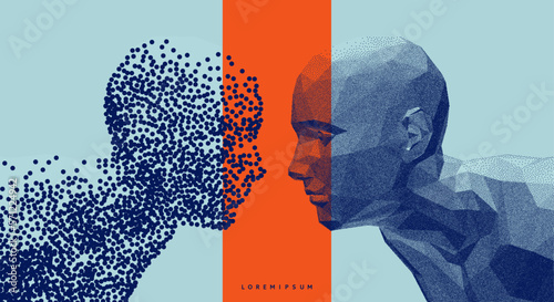 Two opponents facing each other. People talk face to face. Illustration of the communication between two humans. Mind reading concept. Battle with yourself. Vector in сoarse and fine style.