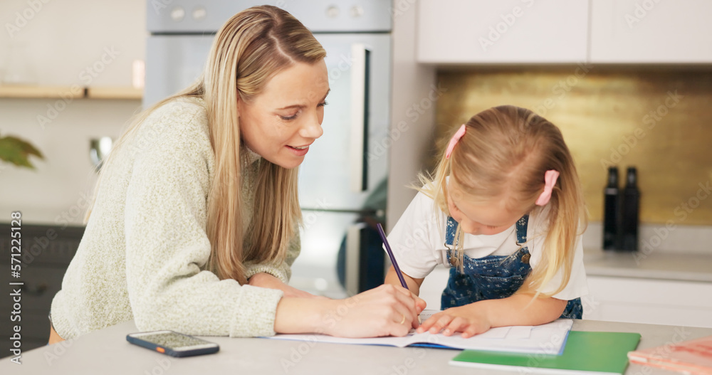 Education, mother and learning child writing or drawing for kindergarten school homework or project in a house. Support, development and mama helping or working with a smart and creative girl student Education, mother and learning child writing or drawing for kindergarten school homework or project in a house. Support, development and mama helping or working with a smart and creative girl student