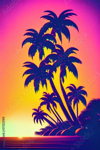 Night landscape with palm trees, against the backdrop of a neon sunset, stars. Silhouette coconut palm trees on beach at sunset. Space futuristic landscape. Neon palm tree - generative ai