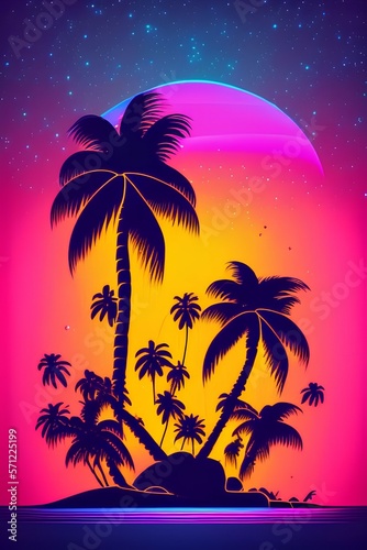 Night landscape with palm trees  against the backdrop of a neon sunset  stars. Silhouette coconut palm trees on beach at sunset.  Space futuristic landscape. Neon palm tree - generative ai