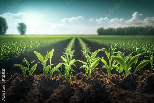 Fotografiet Springtime corn field with fresh, green sprouts in soft focus