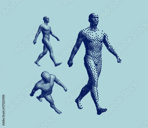 Abstract man stepping forward. Human body from different angles. One person walking on the road. 3D vector illustration with stipple effect.