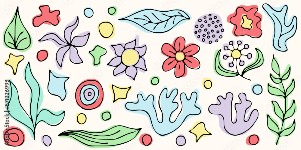 Fototapeta premium Set of abstract organic shapes, amorphous and vegetable figures, hand drawn elements for design