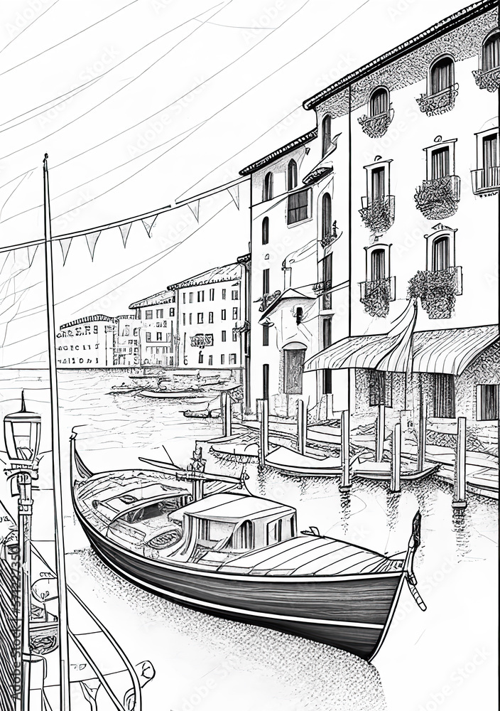 Italy. Street in Venice - sketch illustration for coloring book. Stock ...