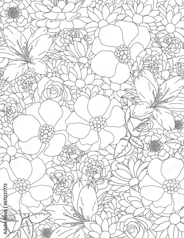 Vector carpet of flowers. Antistress coloring book for adults.   