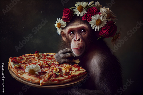 Monkey eating pizza, creative art portrait. Generative AI