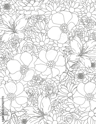 Vector carpet of flowers. Antistress coloring book for adults. 