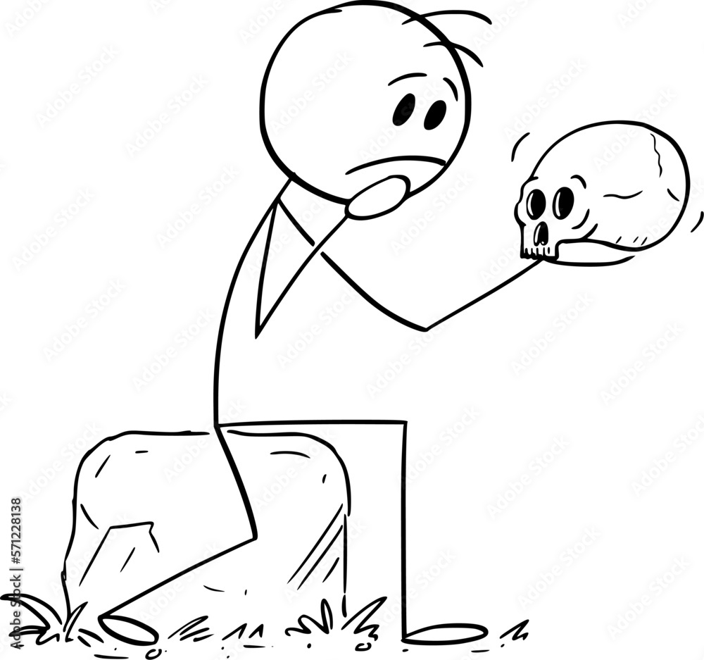 Person or Hamlet Holding Skull and Thinking , Vector Cartoon Stick
