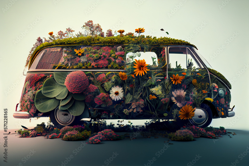 Abandoned car in junkyard overgrown with blooming flowers and plants ...