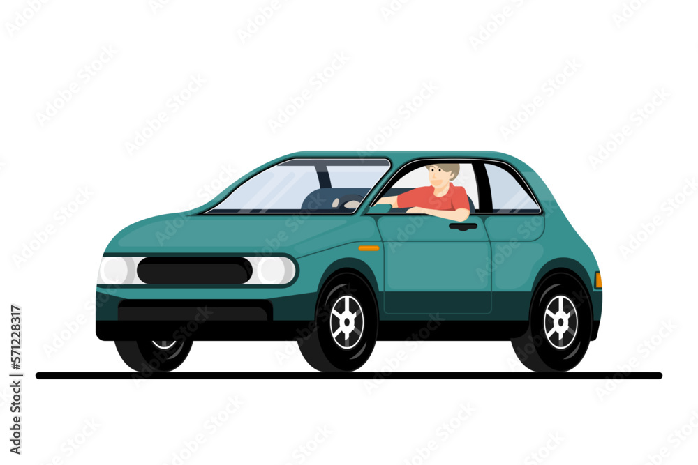 Cartoon young man car driver on isolated background, Digital marketing illustration.