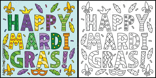 Happy Mardi Gras Coloring Page Illustration