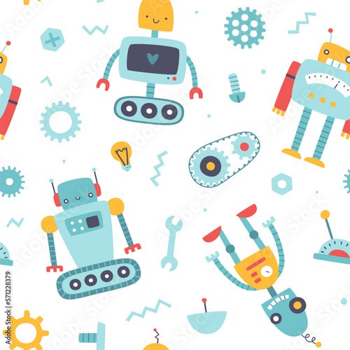 Cute pattern with funny robots for kids. Naive seamless vector print for baby boys fabric and apparel.