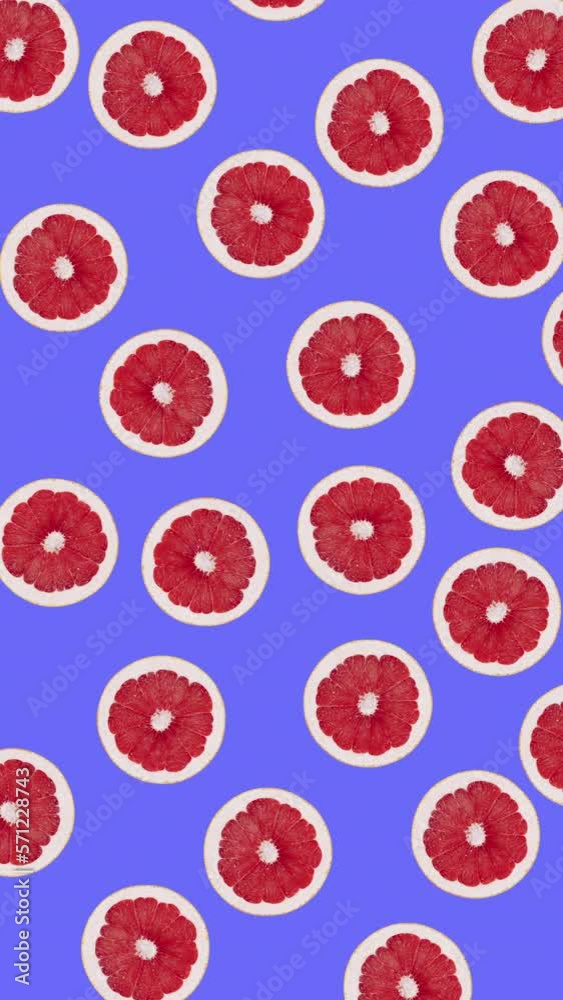 Minimal motion design - Grapefruit slices wiggle at violet color background. Trendy colors and style graphics. Vertical eamless looping animation. Minimal motion design - Grapefruit slices wiggle at violet color background. Trendy colors and style graphics. Vertical eamless looping animation.