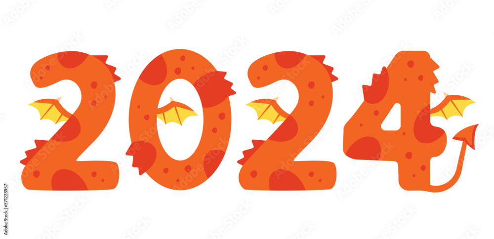 Year 2024 number design template. Symbol of the year dragon. Vector illustration in flat and cartoon style isolated on white background Year 2024 number design template. Symbol of the year dragon. Vector illustration in flat and cartoon style isolated on white background