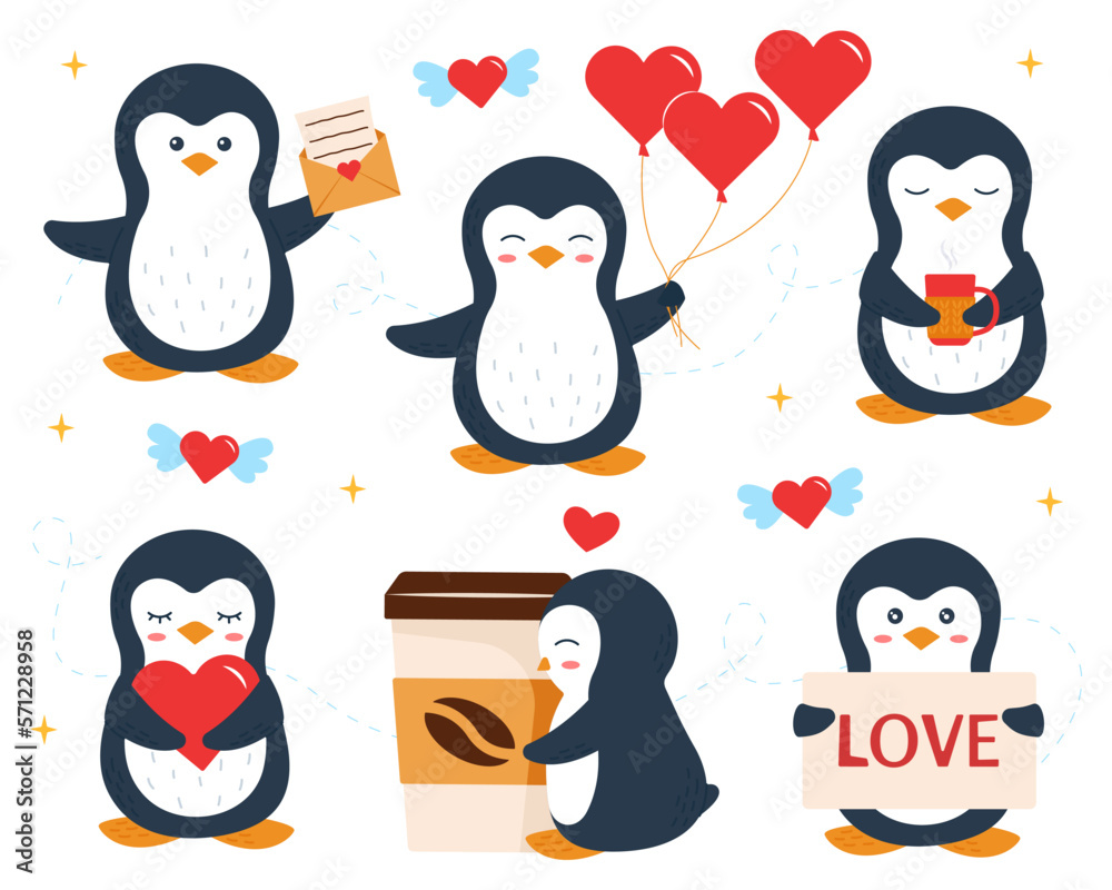 Obraz premium Collection of cute penguins with hearts. Set of elements for the design of cards for Valentine's Day. Vector illustration