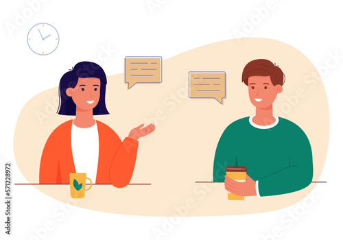 Woman and a man are talking to each other. Two employees are chatting and discussing the news. Friends conduct a dialogue about their affairs and hobbies. Speech bubble. Vector illustration