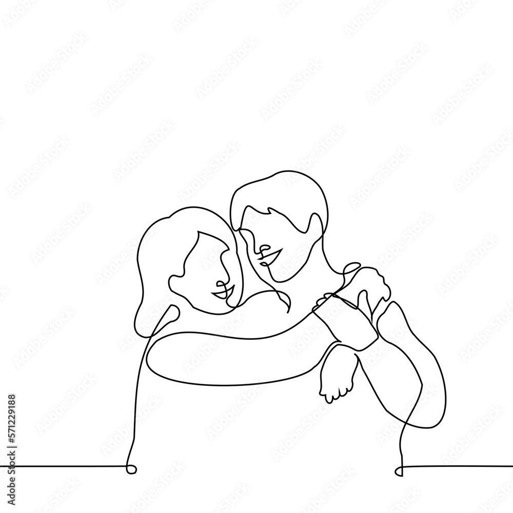 woman hugging man from behind they are both smiling and happy together - one line drawing vector. concept heterosexual couple in love