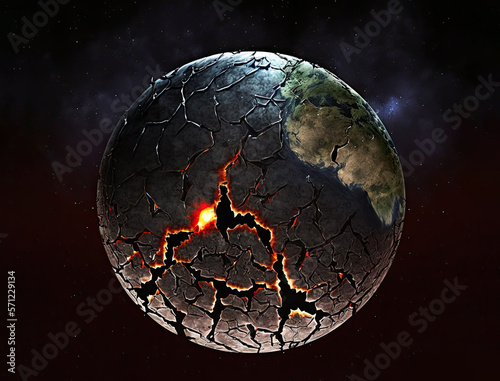 Fototapeta Naklejka Na Ścianę i Meble -  Cracked Earth planet in space after powerful earthquakes on planet surface, damaged Earth planet with deep cracks after seismic activity and tectonic plates movement, natural disasters, generative AI