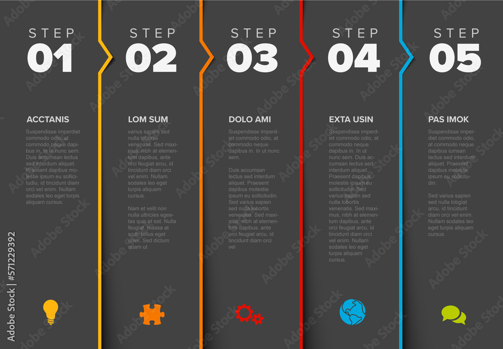 Five dark gray steps progress page template with color borders, arrows ...