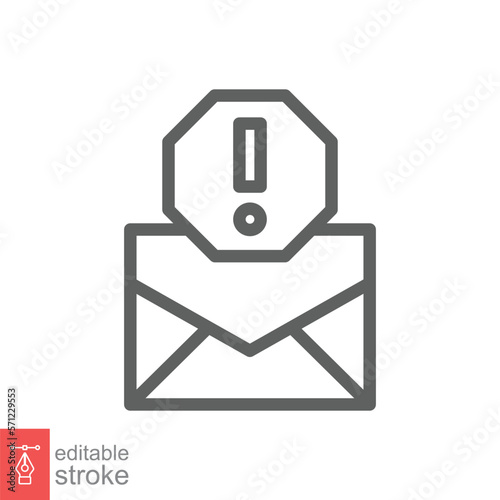 Warning alert message icon. Simple line style for web template and app. Email, suspicious, letter, mail, news, notification, vector illustration design on white background. Editable stroke EPS 10.