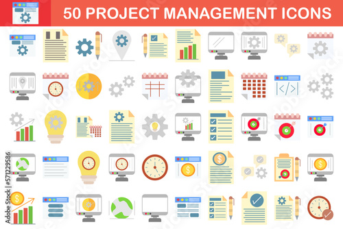 Project management 50 icon collection. Time management and planning concept. Flat icon set.