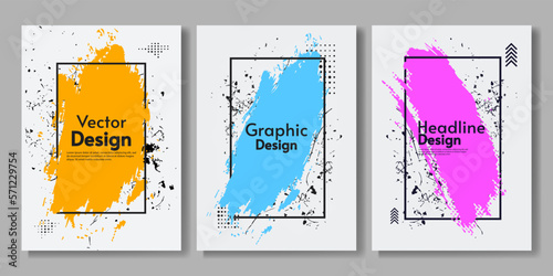 Set of art paint posters with white backdrop. Design for poster, cover, banner, brochure, greeting card, business card. Splash paint with frame and shape. Abstract posters. 