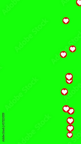 Social media live style Like emoji animation coming from bottom on green chroma key. Vertical seamless loopable animation.