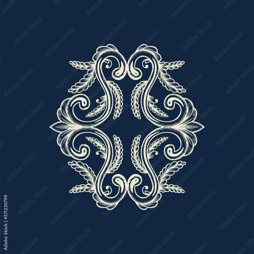 Hand Drawn Vintage damask ornamental element for design. Baroque scroll ornament. Decorative Elegant abstract floral pattern border in antique style