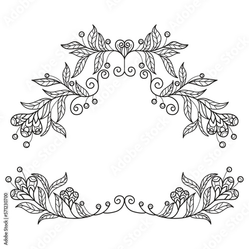 Flower and heart wreath hand drawn for adult coloring book