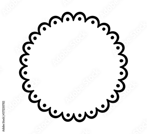 Doodle circle scalloped frame. Hand drawn scalloped edge ellipse shape. Simple round label form. Flower silhouette lace frame. Vector illustration isolated on white background.