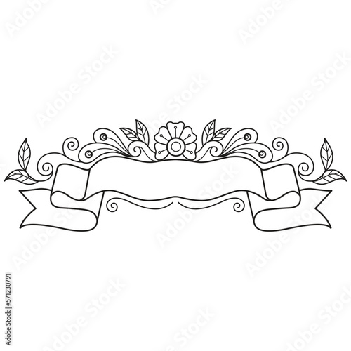 Ribbon label and flower hand drawn for adult coloring book