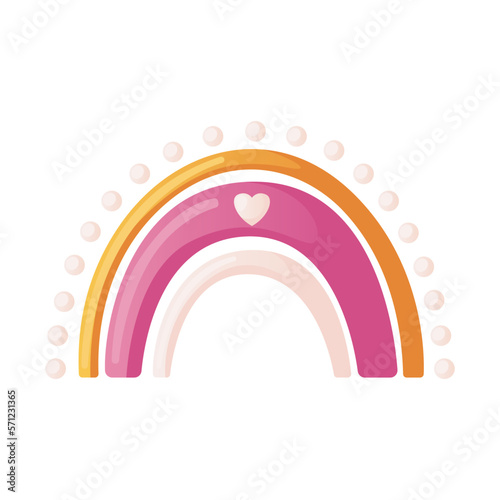 Cute pink rainbow with heart. Boho geometric Scandinavian wall print for children, nursery. Baby shower invitation. It's a girl. Hello baby celebration, holiday, event. Banner, flyer. Cartoon vector