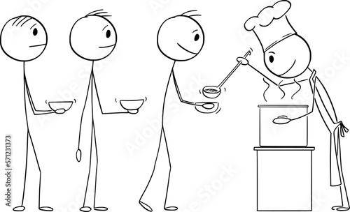 Poor People Waiting in Line For Food Donation, Vector Cartoon Stick Figure Illustration