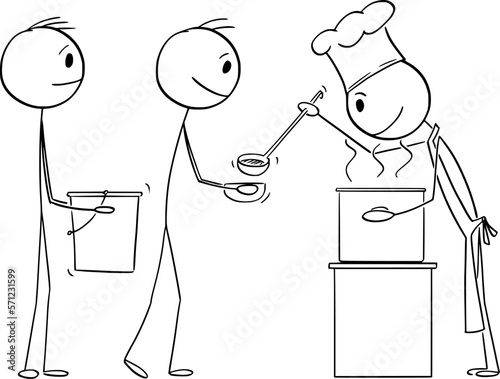 Poor People Waiting in Line For Food Donation, Vector Cartoon Stick Figure Illustration