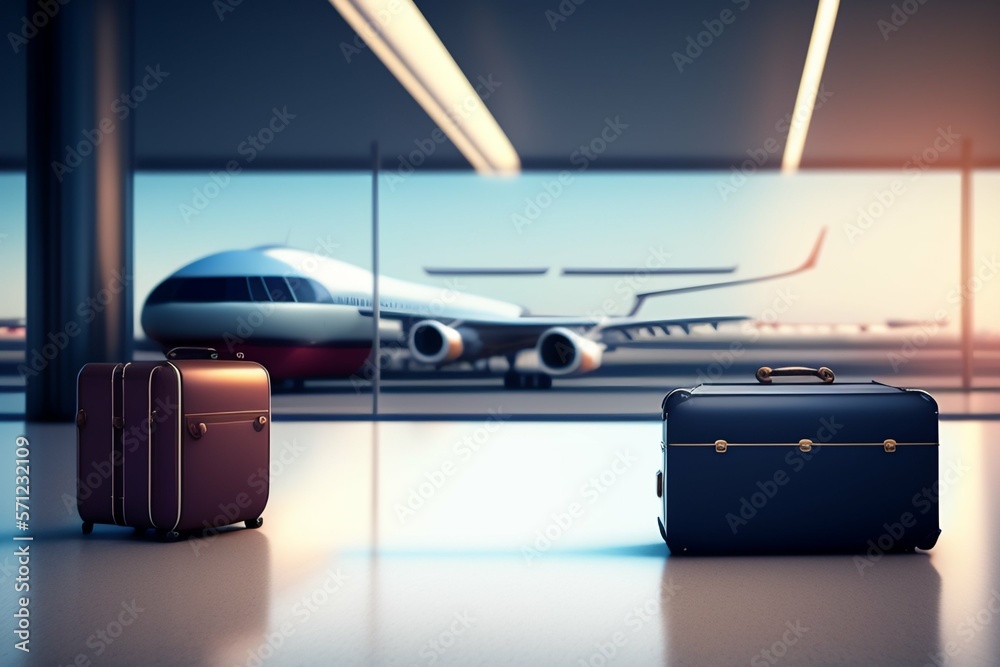 Fototapeta premium Suitcases and trolley in airport. Travel concept. 3d rendering.