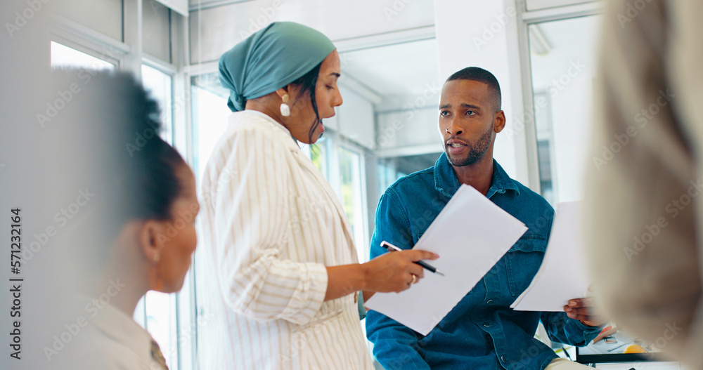 Business woman, question and mentor in training, workshop or collaboration in diversity growth, target or teamwork goals. Happy speaker, talking and leadership on paper documents for office education