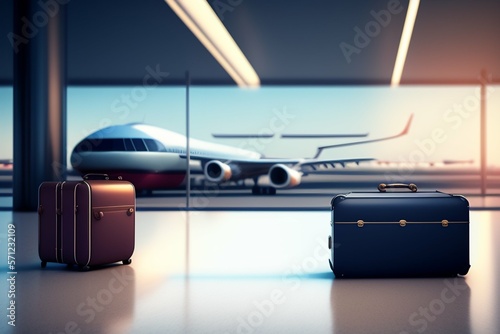 Suitcases and trolley in airport. Travel concept. 3d rendering.