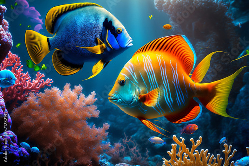 Fototapeta Naklejka Na Ścianę i Meble -  Coral reef scenery with tropical fish, Generative AI