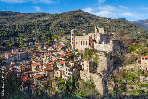 Dolceacqua, Italy - ruins of hilltop castle and cityscape