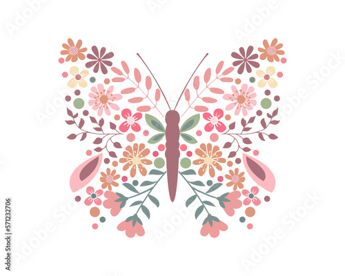 Butterfly with colorful cute floral wings, vector design for fashion, poster and card prints