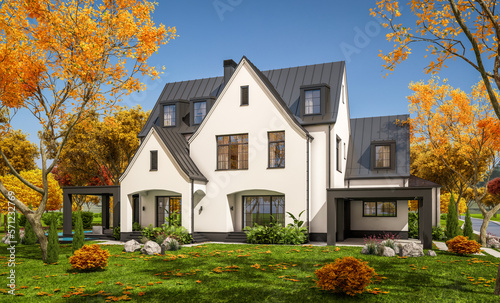 3d rendering of cute cozy white and black modern Tudor style house with parking and pool for sale or rent with beautiful landscaping. Fairy roofs. Clear sunny autumn day with golden leaves anywhere