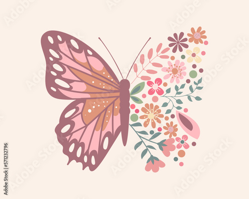 Butterfly with colorful cute floral wings, vector design for fashion, poster and card prints