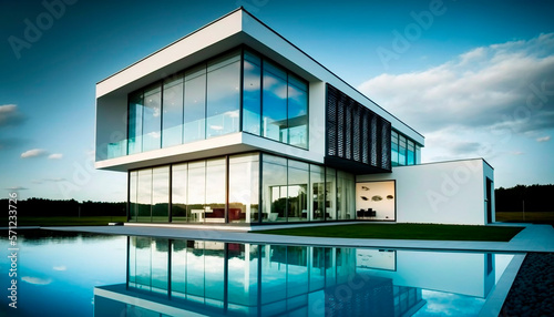 modern villa with a lot of glass and great pool and garden, concept of modern living, generative ai © epiximages