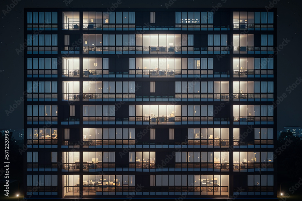 The facade of a modern office or apartment building features windows and balconies, symmetry architecture