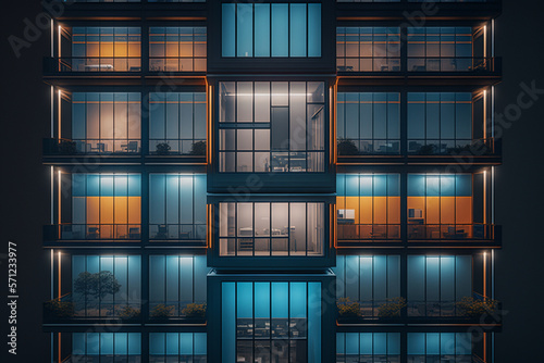 The facade of a modern office or apartment building features windows and balconies  symmetry architecture