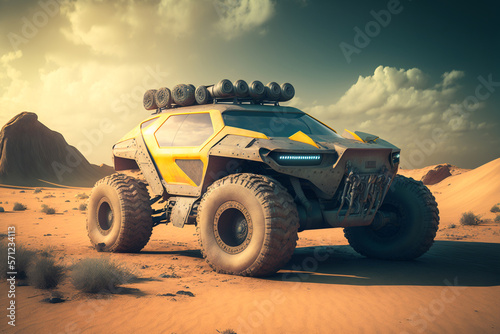 Off-road vehicle moving on dirt road against sky during a sunny day, Generative AI
