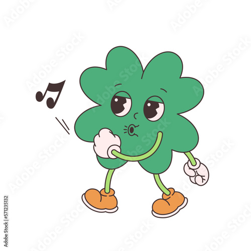 Trendy retro cartoon character clover with four leaf. Happy Saint Patrick's Day. Groovy style, vintage, 70s 60s aesthetics. Vector illustration