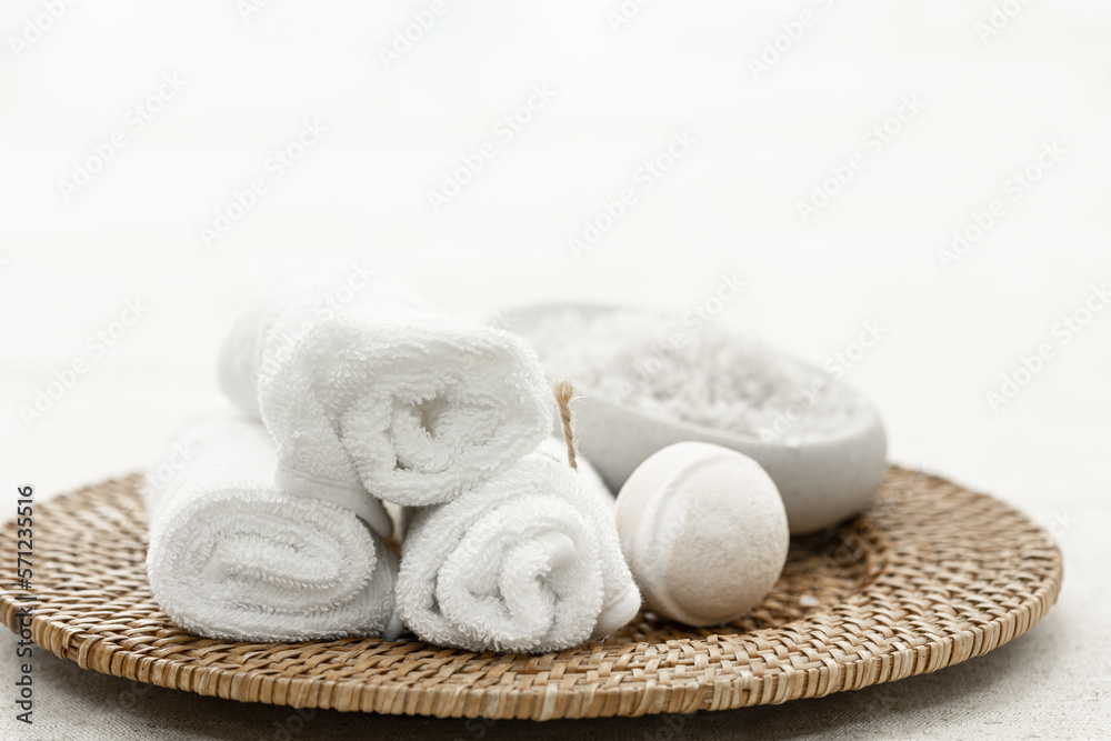 Spa composition with towels, bath bombs and sea salt. Spa composition with towels, bath bombs and sea salt.