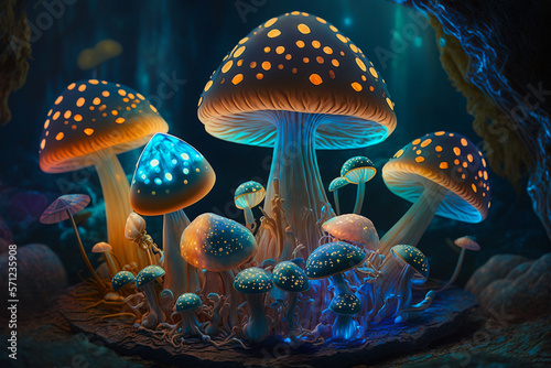 Luminous mushrooms glowing in mystical fantasy forest