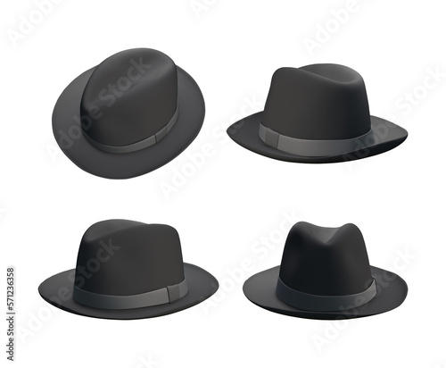 3d rendering of black classic hat template from various angles of perspective view